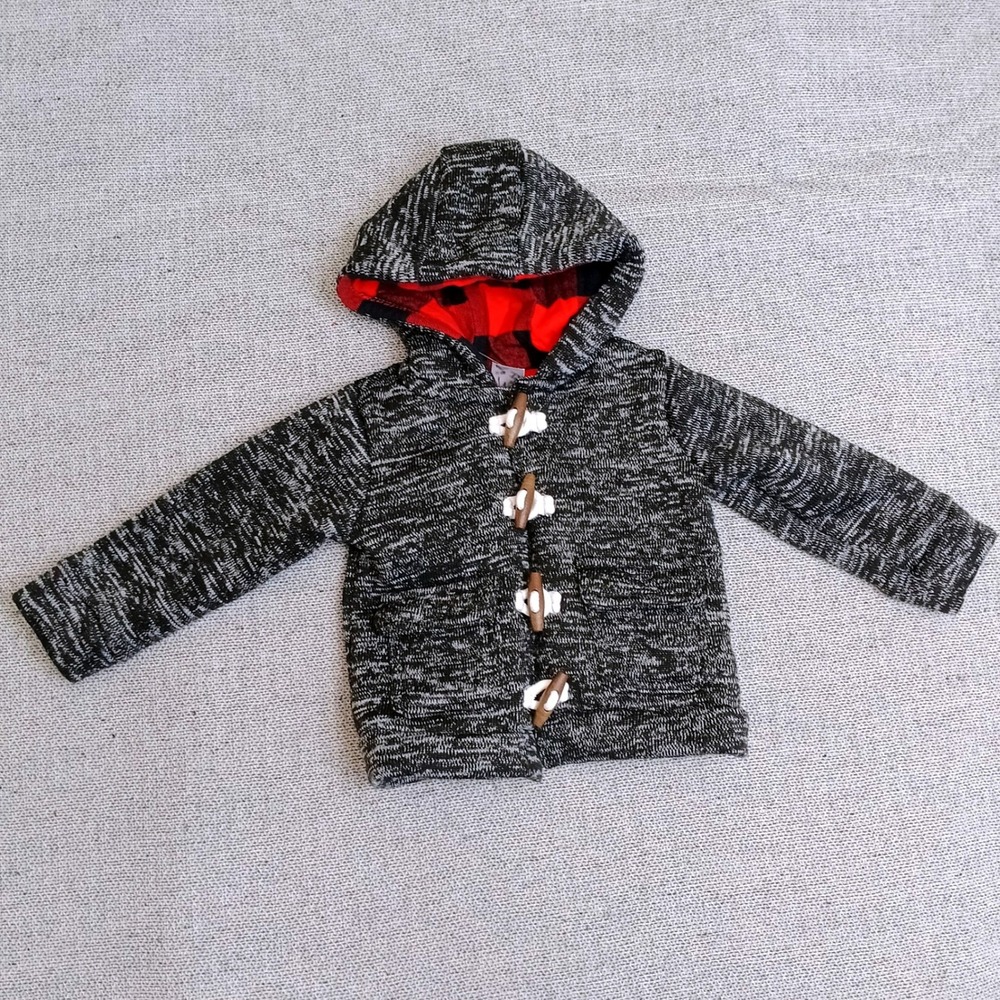 Carter's Cardigan Jacket Baby Boy 12M Black White Good Toggle Buffalo Plaid Hood